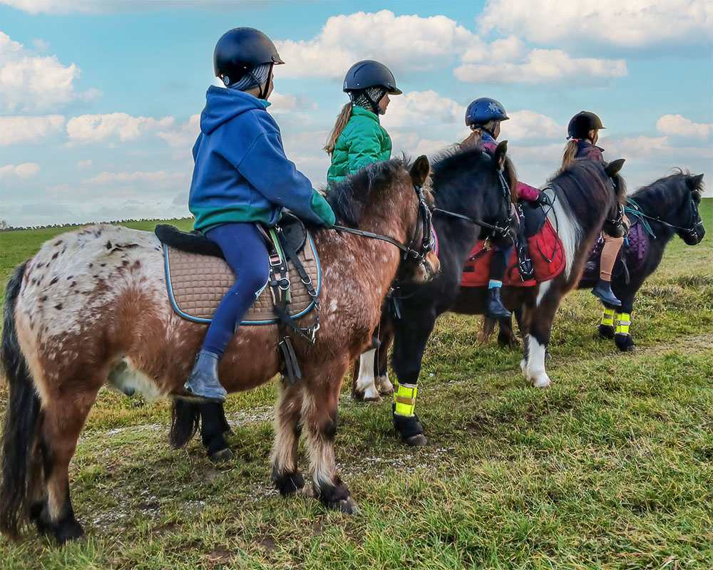 Vier Kinder beim Ponyreiten in den Sonnenuntergang beim Reitstall am Berishof