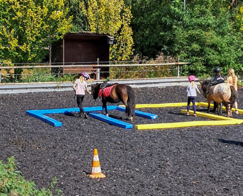 Mehrere Kinder mit Ponys auf dem Reitplatz durchlaufen einen Parcours